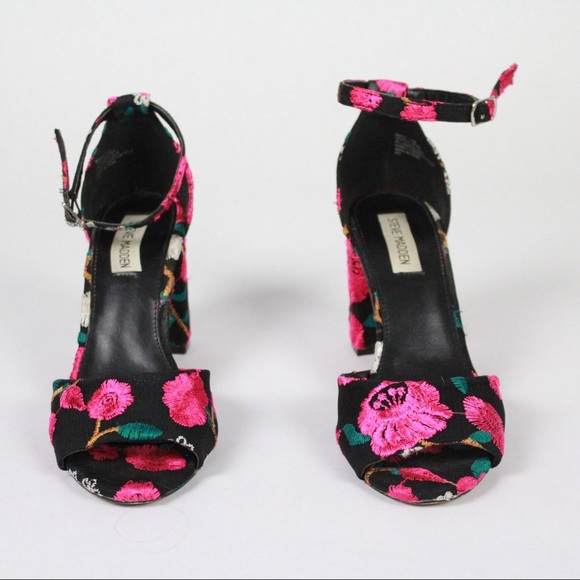 Final Sale Pink Black Steve Madden Floral Embroidered Heels - Picture 2 of 4